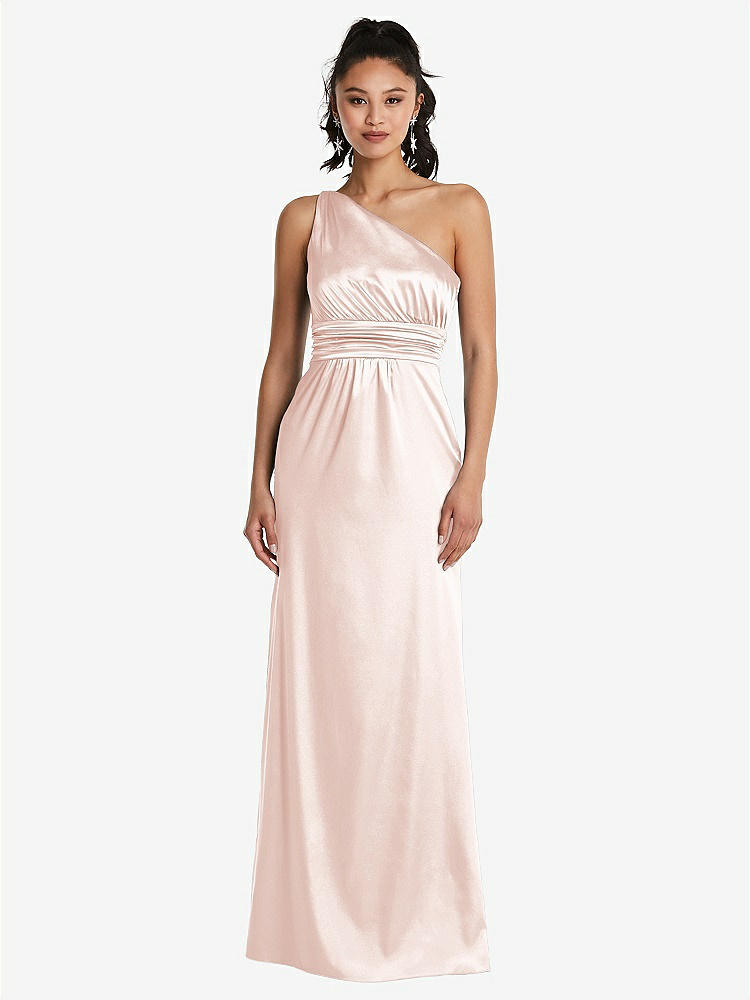 【STYLE: TH063】One-Shoulder Draped Satin Maxi Dress【COLOR: Blush】