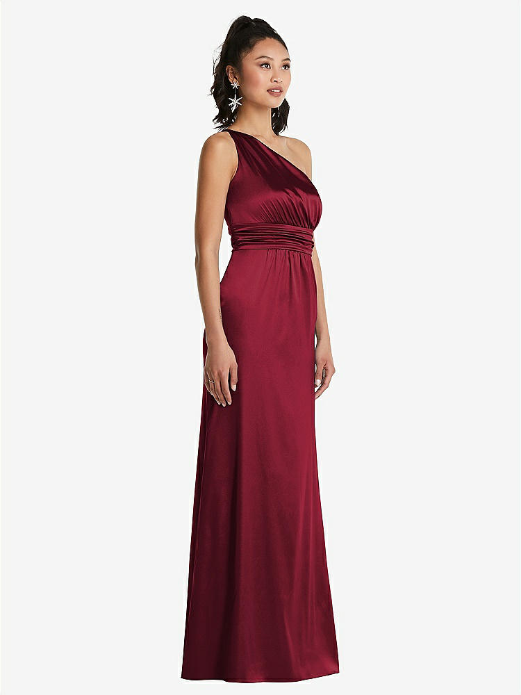 【STYLE: TH063】One-Shoulder Draped Satin Maxi Dress【COLOR: Burgundy】