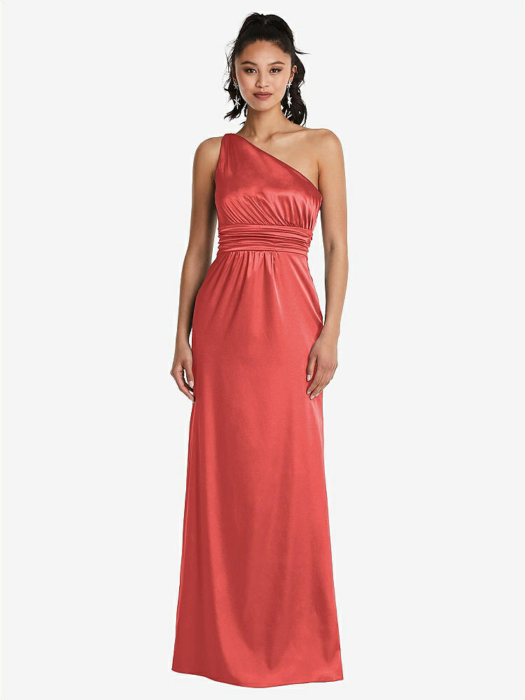 【STYLE: TH063】One-Shoulder Draped Satin Maxi Dress【COLOR: Perfect Coral】