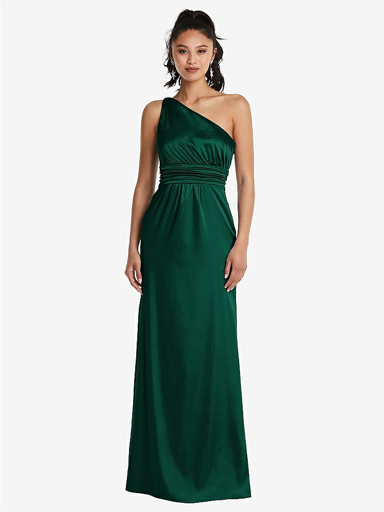 【STYLE: TH063】One-Shoulder Draped Satin Maxi Dress【COLOR: Hunter Green】