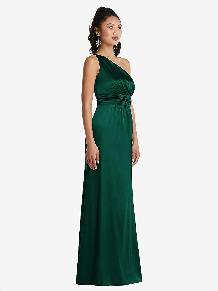 【STYLE: TH063】One-Shoulder Draped Satin Maxi Dress【COLOR: Hunter Green】