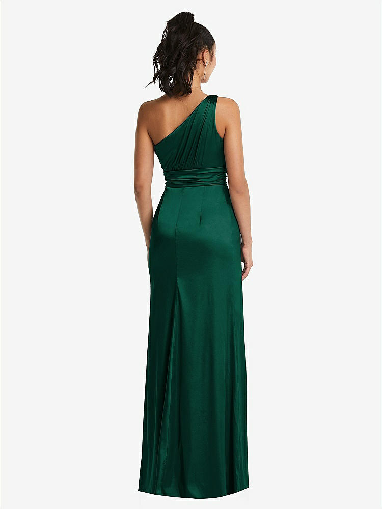 【STYLE: TH063】One-Shoulder Draped Satin Maxi Dress【COLOR: Hunter Green】