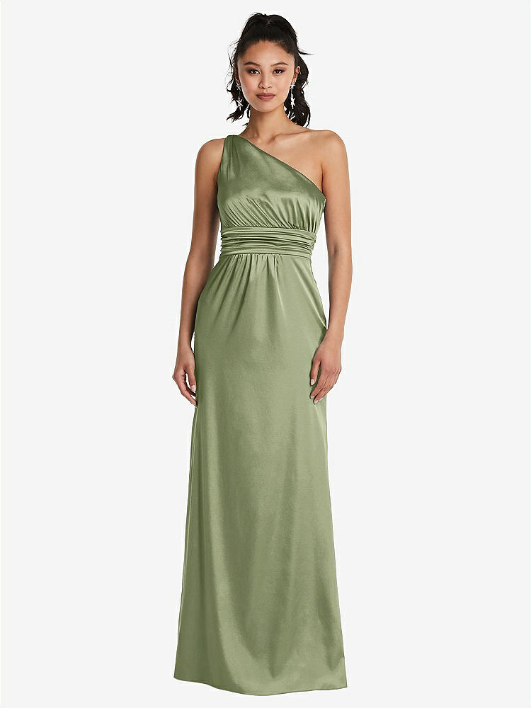 【STYLE: TH063】One-Shoulder Draped Satin Maxi Dress【COLOR: Kiwi】