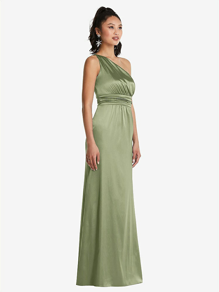 【STYLE: TH063】One-Shoulder Draped Satin Maxi Dress【COLOR: Kiwi】