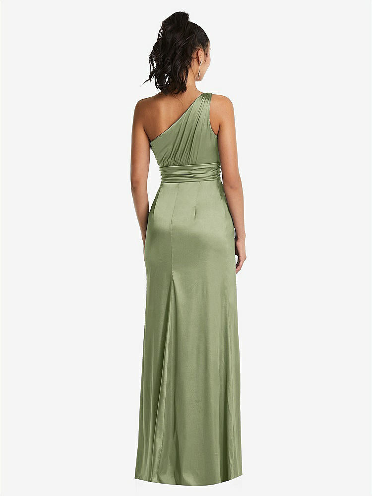 【STYLE: TH063】One-Shoulder Draped Satin Maxi Dress【COLOR: Kiwi】