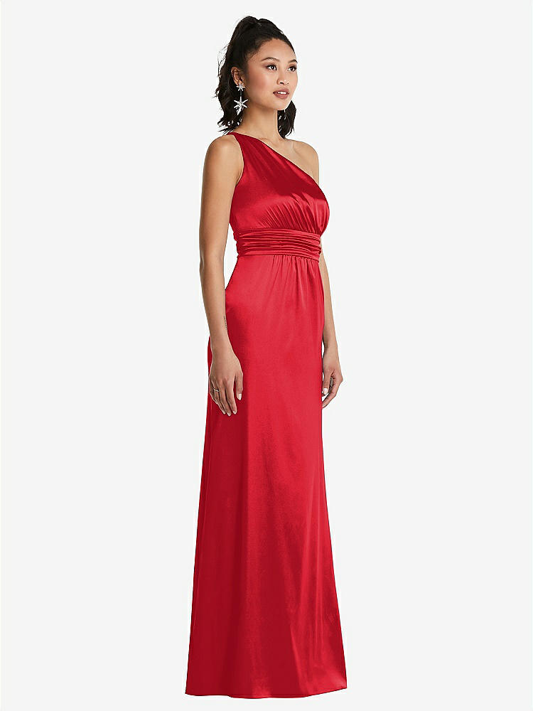 【STYLE: TH063】One-Shoulder Draped Satin Maxi Dress【COLOR: Parisian Red】