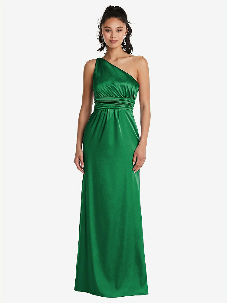 【STYLE: TH063】One-Shoulder Draped Satin Maxi Dress【COLOR: Shamrock】