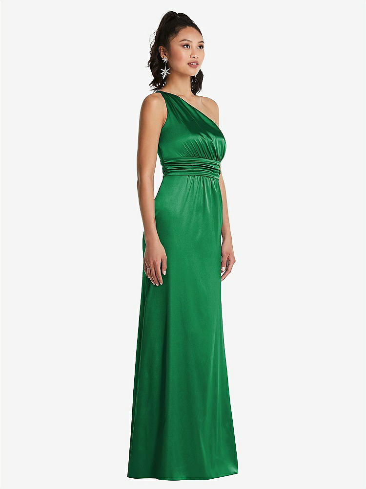 【STYLE: TH063】One-Shoulder Draped Satin Maxi Dress【COLOR: Shamrock】