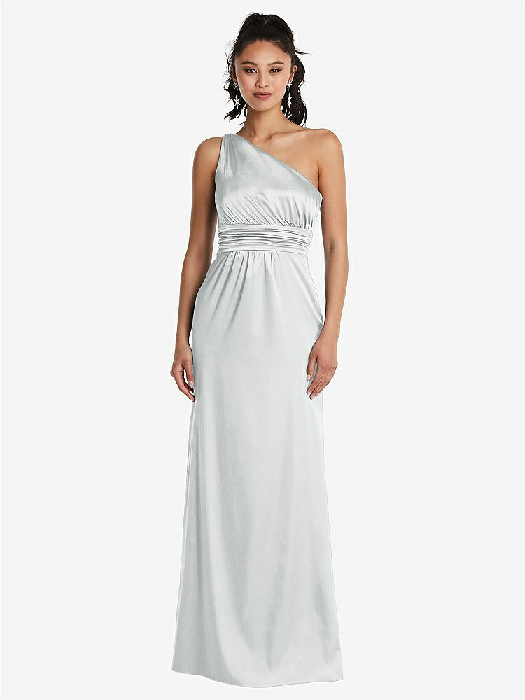 【STYLE: TH063】One-Shoulder Draped Satin Maxi Dress【COLOR: Sterling】