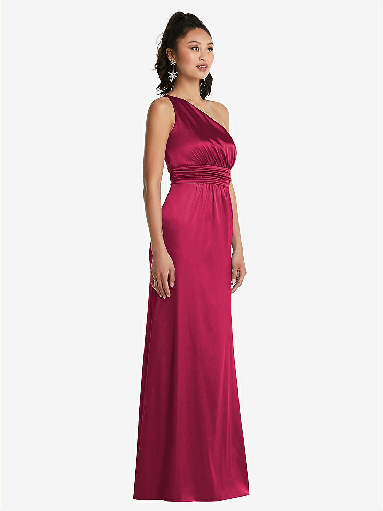 【STYLE: TH063】One-Shoulder Draped Satin Maxi Dress【COLOR: Valentine】
