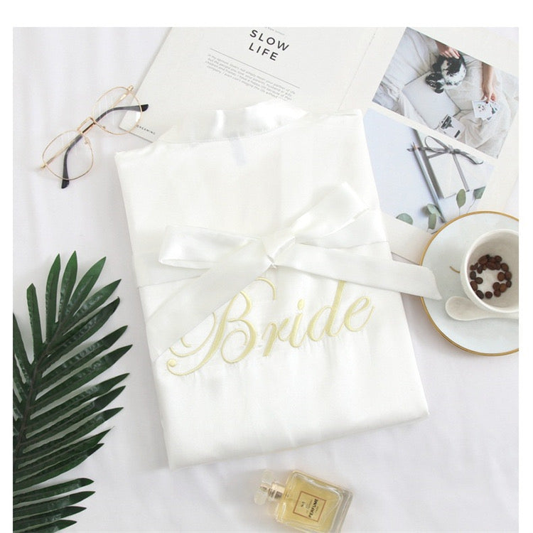 "Bride" embroidered bridal satin gown in 4 colors