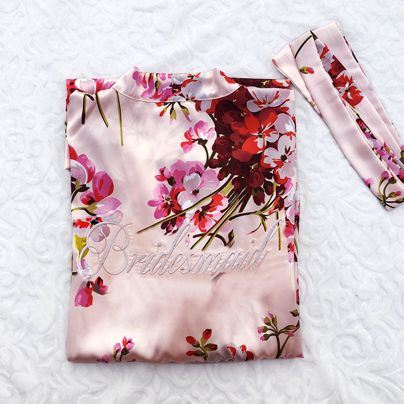 BridesmaidEmbroidered Flower Print Bridesmaid Satin Gown