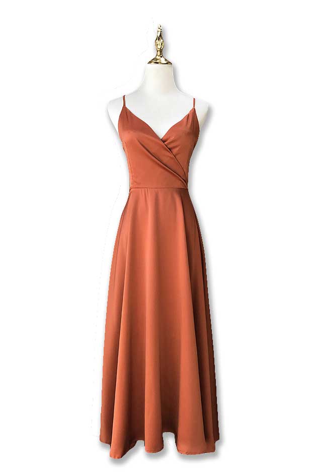 Terracotta color calf-length bridesmaid dress