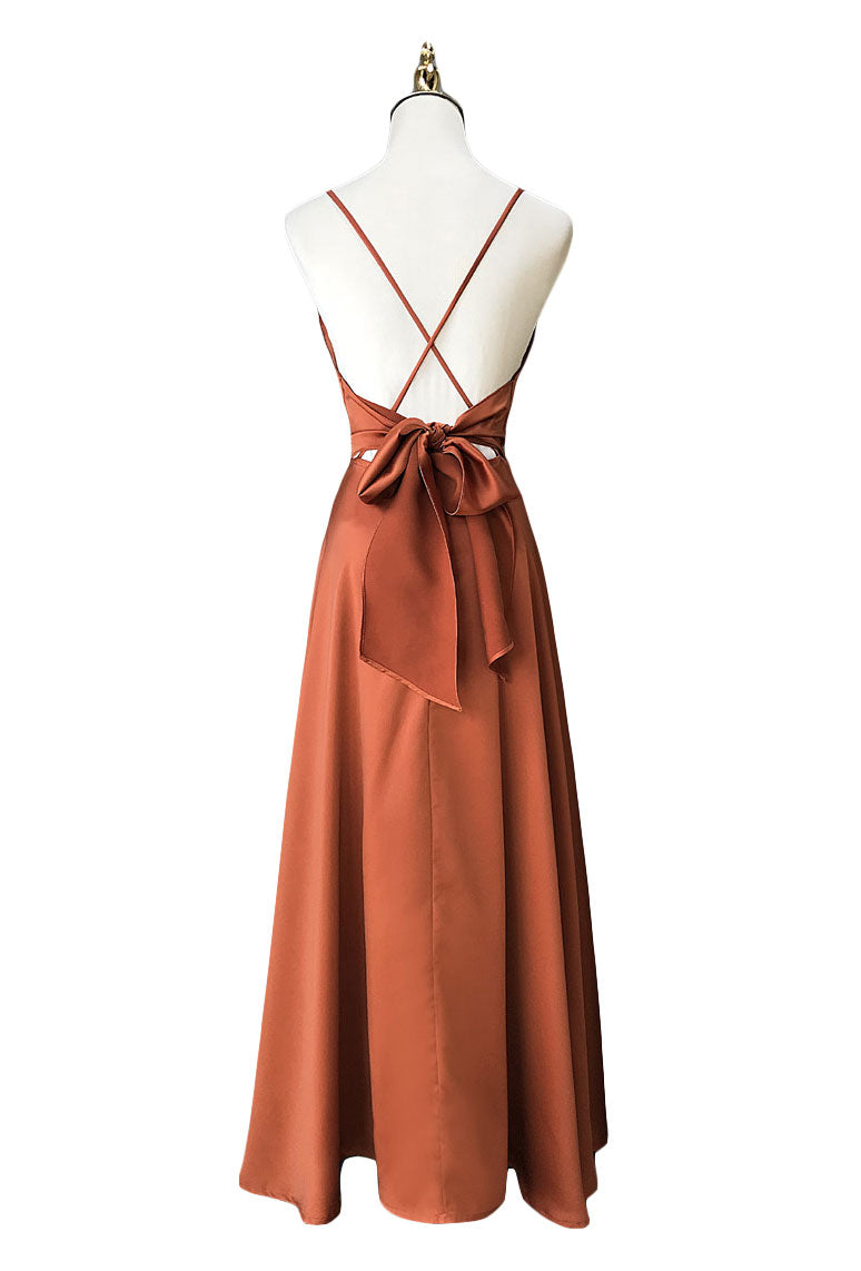 Terracotta color calf-length bridesmaid dress
