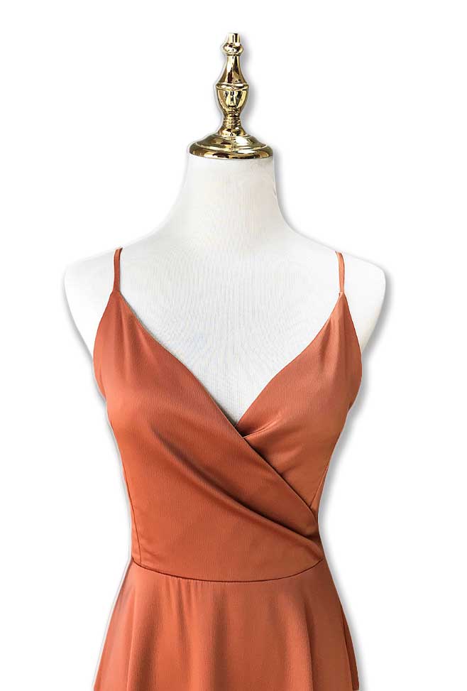 Terracotta color calf-length bridesmaid dress