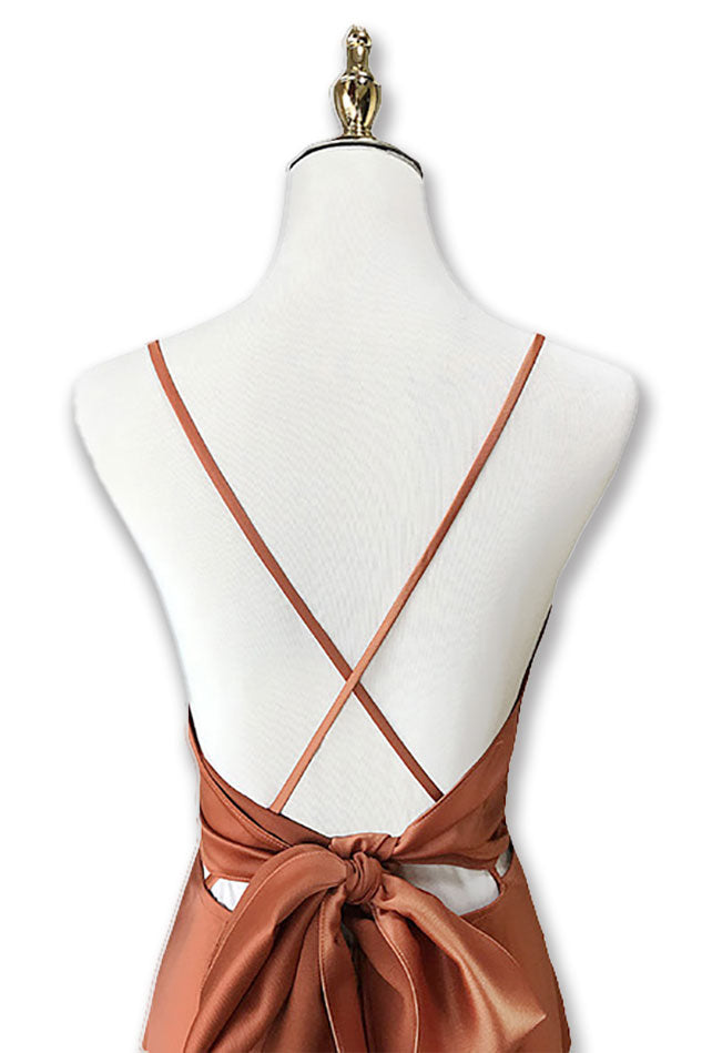 Terracotta color calf-length bridesmaid dress