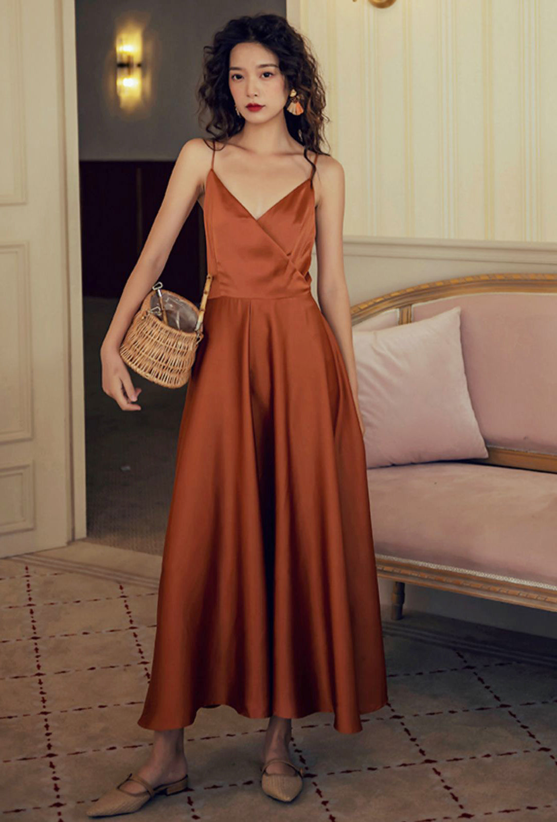 Terracotta color calf-length bridesmaid dress
