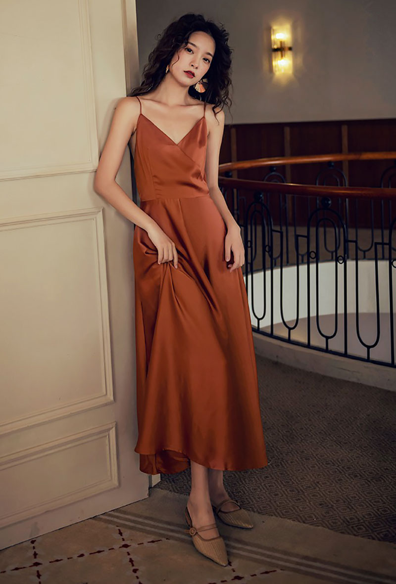 Terracotta color calf-length bridesmaid dress