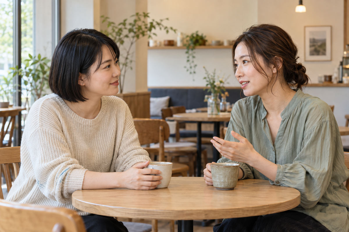 カフェで向かい合いブライズメイドの役割について相談する二人の女性のイメージ