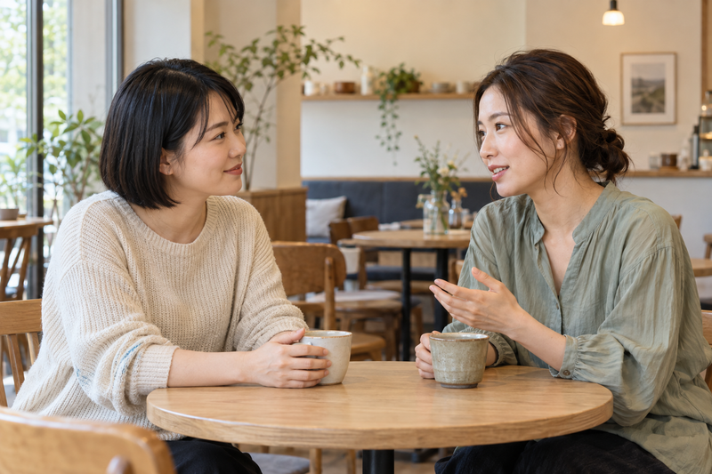 カフェで向かい合いブライズメイドの役割について相談する二人の女性のイメージ