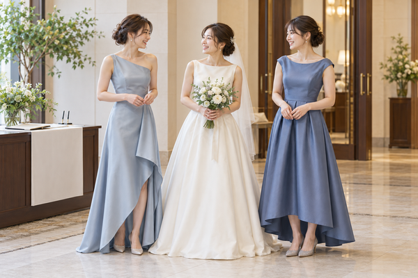 受付前に花嫁とブルー系のドレスを着た友人二人が並ぶ撮影イメージ