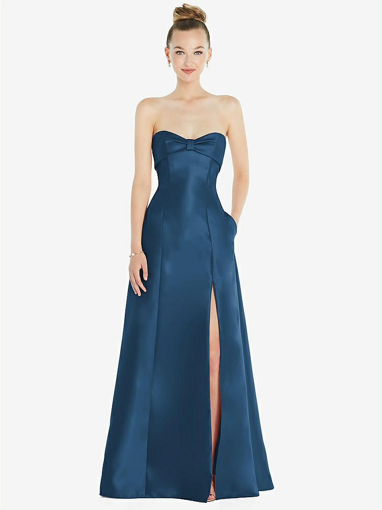 【D830】リボンカフ付きストラップレス サテンボールガウン（ポケット付き）【サイズ: 00〜30W】