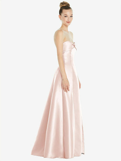 【D830】リボンカフ付きストラップレス サテンボールガウン（ポケット付き）【サイズ: 00〜30W】