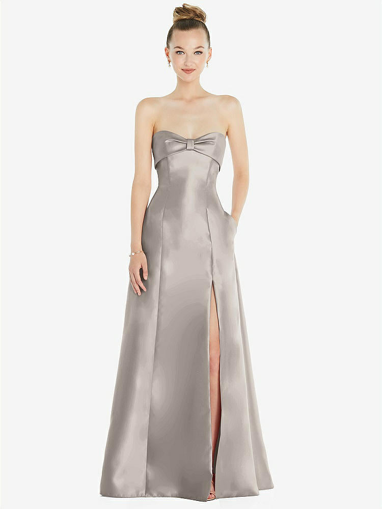 【D830】リボンカフ付きストラップレス サテンボールガウン（ポケット付き）【サイズ: 00〜30W】