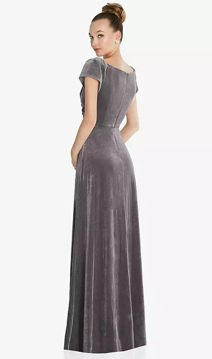 [即日発送]キャップスリーブ フェイクラップ ベルベット マキシドレス 6862 キャビアグレー S