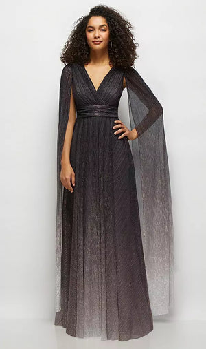 【6896OMB】ストリーマー・スリーブ グラデーションプリーツ メタリックマキシドレス