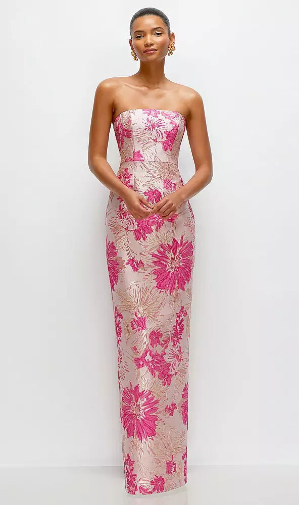 Hibiscus Pink Multi × フローラルジャカード ストラップレス コラムライン ロングドレス ‐ Style D877HPJ