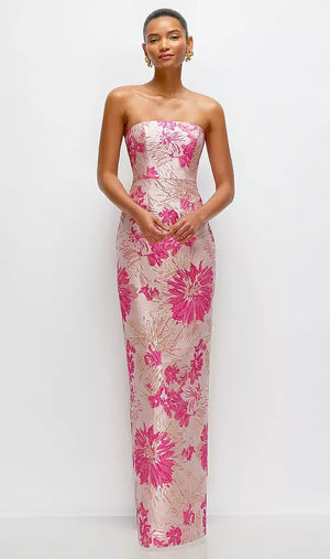 Hibiscus Pink Multi × フローラルジャカード ストラップレス コラムライン ロングドレス ‐ Style D877HPJ（フロント）