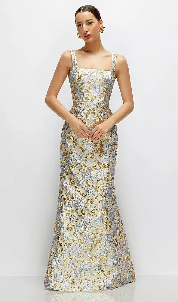 ゴールドリーフブロケード スクエアネック マキシ ロングドレス 3174GLB