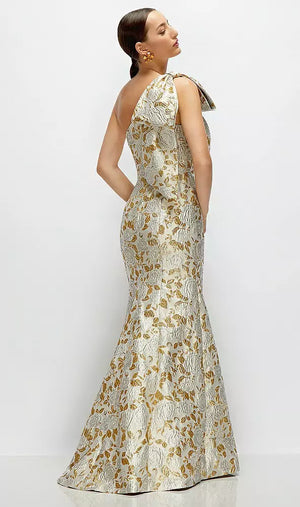 ゴールドリーフブロケード ワンショルダー マキシ ロングドレス D879GLB