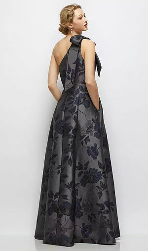 ノワールミッドナイトネイビー × メタリックジャカード ワンショルダー Aライン ロングドレス ‐ Style D875NGM（バック）