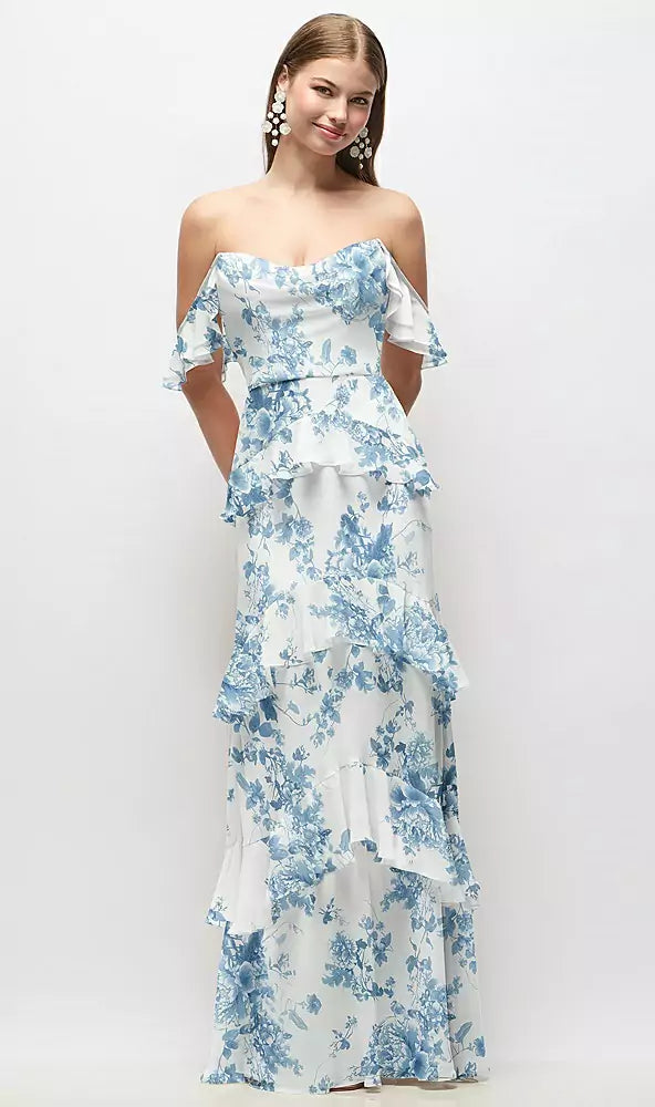 シフォン オフショルダー ロングドレス | 全4色展開 ‐ Style 3183FP