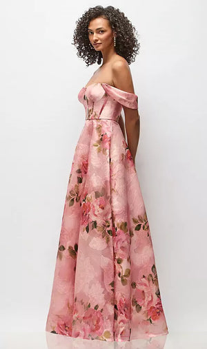 グアバフローラルプリント ストラップレス オーガンザジャカード マキシドレス ‐ Style 3189OZJ（フロント）