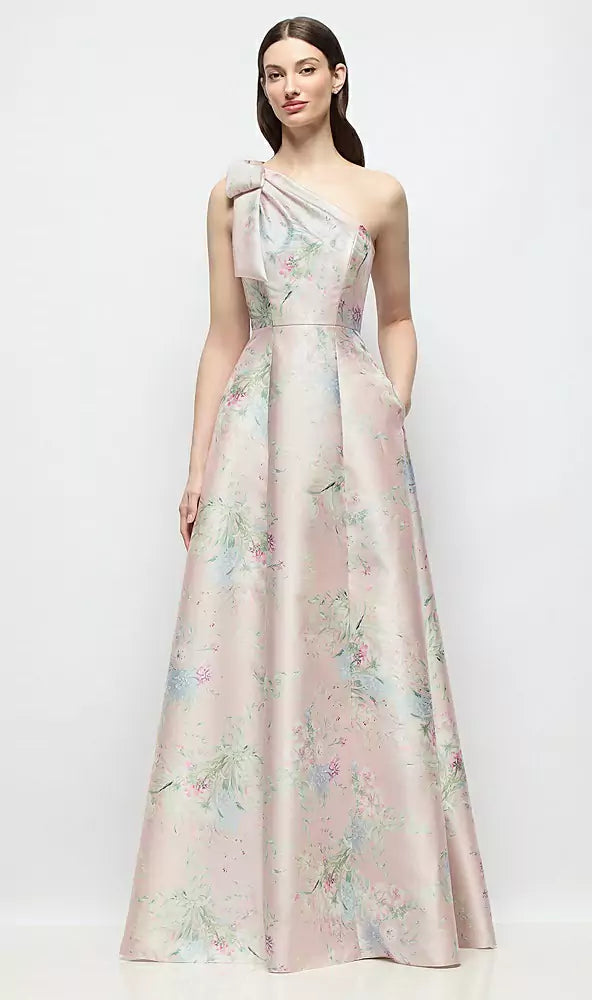 エスメフローラル × フローラルサテン ワンショルダー Aライン ロングドレス ‐ Style D875EFP