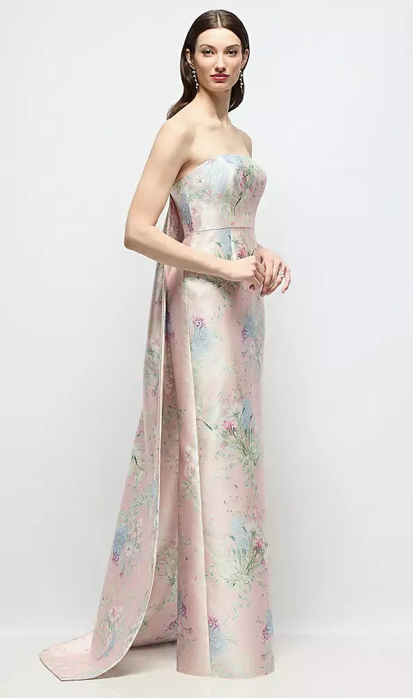 エスメフローラル × フローラルサテン ストラップレス コラムライン ロングドレス ‐ Style D876EFP
