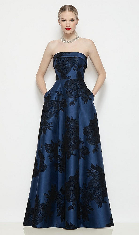 【STYLE: D843FFT】ストラップレス バイアスカフ フロッキング フローラル サテンドレス - soft navy / black