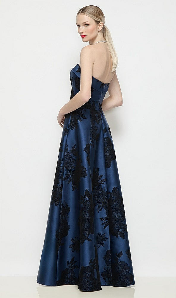 【STYLE: D843FFT】ストラップレス バイアスカフ フロッキング フローラル サテンドレス - soft navy / black - Back