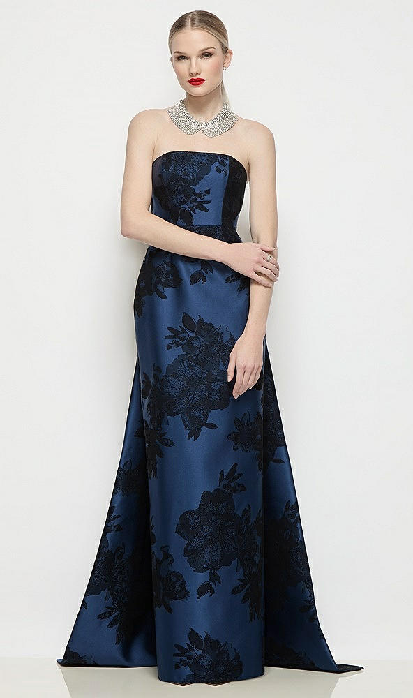 【STYLE: D876FFT】ストラップレス フロッキング フローラル サテン コラムドレス（着脱式ワトーレーン付き） - soft navy / black