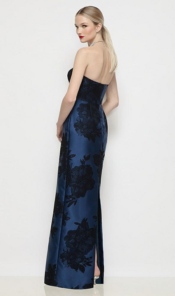 【STYLE: D877FFT】ストラップレス フロッキング フローラル サテン コラムドレス（バックスリット付き） - soft navy / black - Back