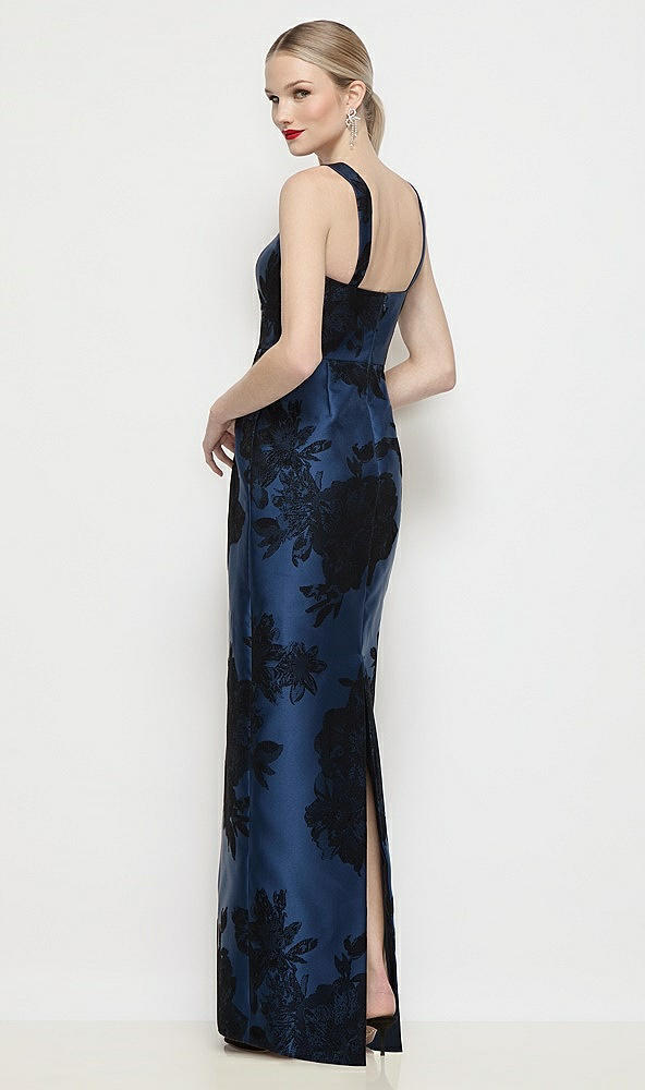 【STYLE: D900FFT】シェイプドストラップ バスクネック フロッキング フローラル サテン コラムマキシドレス - soft navy / black - Back