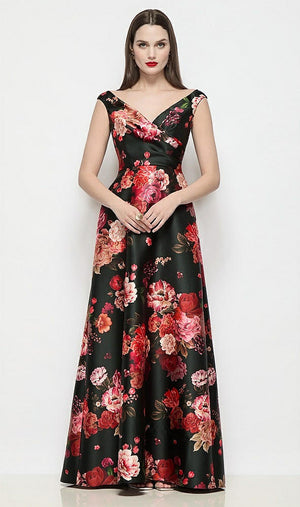 【STYLE: D902FDV】オフショルダー プリーツ クロスオーバー フルール ド ヴィル サテン Aラインマキシドレス（フロント）