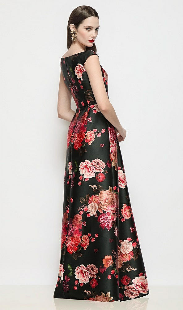 【STYLE: D902FDV】オフショルダー プリーツ クロスオーバー フルール ド ヴィル サテン Aラインマキシドレス - wine black multi - Back