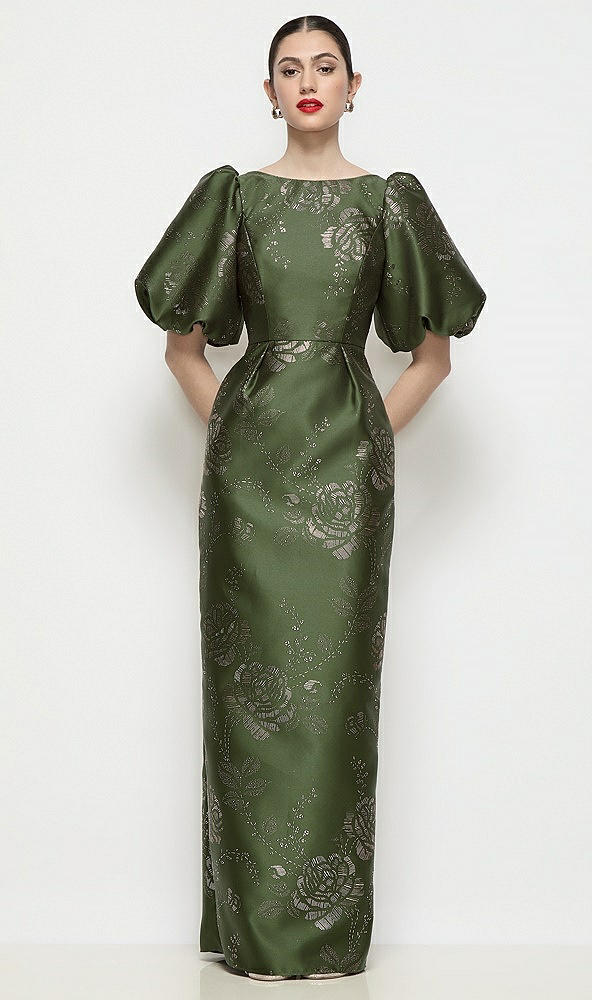 【STYLE: 3201EGF】バトーネック エンボス ギルト フローラル サテン コラムマキシドレス（パフスリーブ） - olive / gold