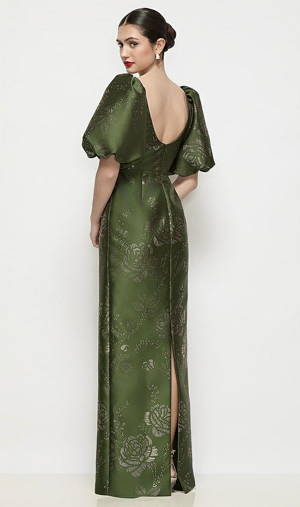 【STYLE: 3201EGF】バトーネック エンボス ギルト フローラル サテン コラムマキシドレス（パフスリーブ） - olive / gold - Back