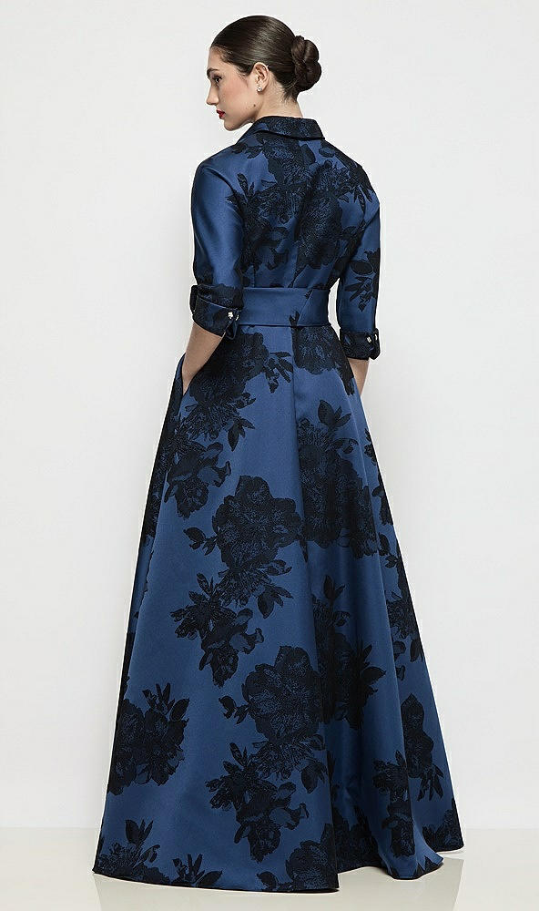【STYLE: 6920FFT】フロッキング フローラル サテン シャツドレスガウン（サッシュベルト付き） - soft navy / black - Back