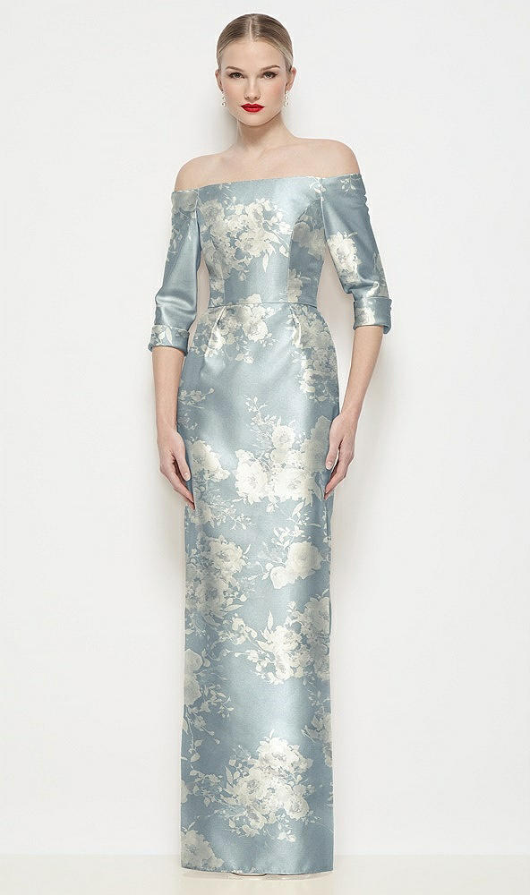 【STYLE: 6936FP】オフショルダー 7分袖 サテン フローラル マキシドレス（コラムスカート） - porcelain blue seraphina floral